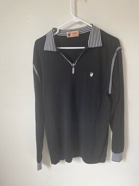Black Half-Zip Polo Sweater with Striped Collar